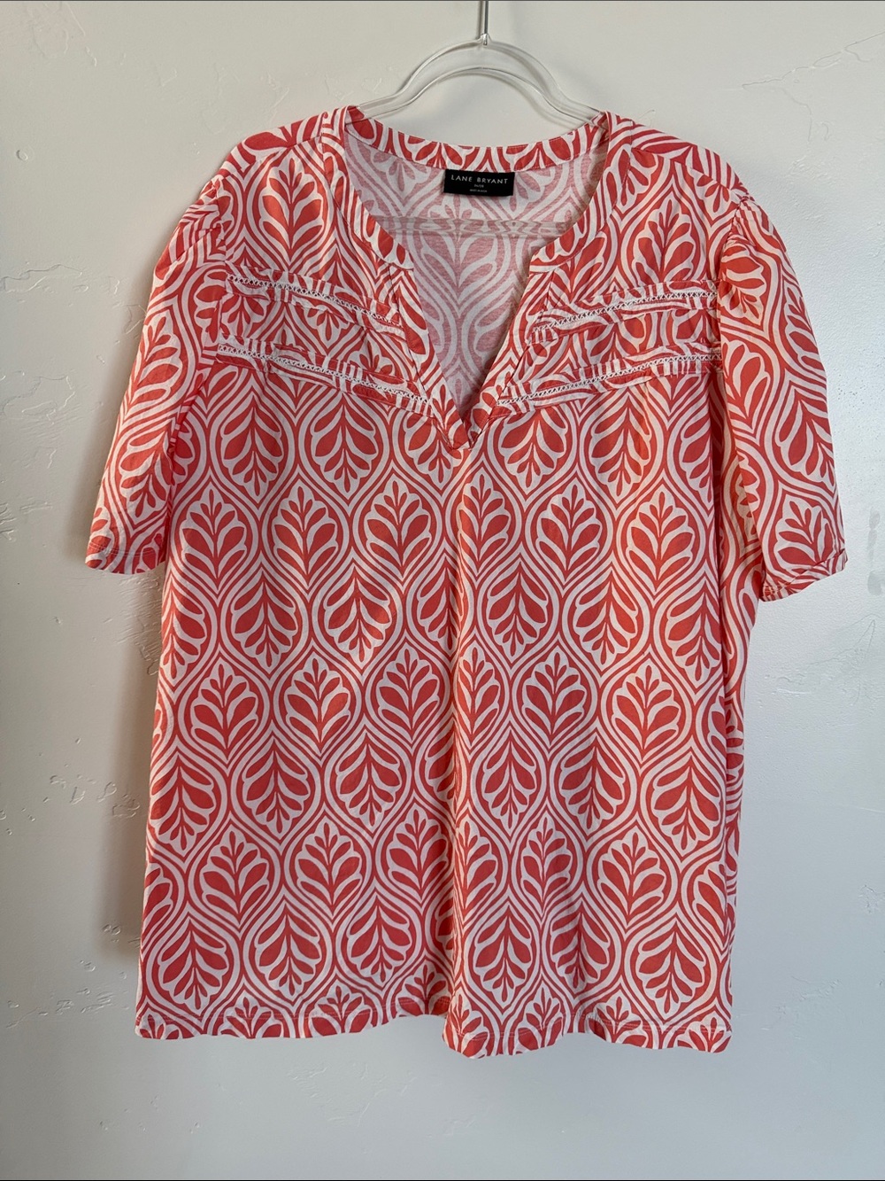 Lane Bryant Coral & White Printed Short Puff Sleeve Top